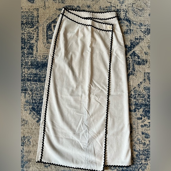 NWT Commense cotton & linen wave trim midi wrap skirt asymmetrical tan black - Picture 5 of 9